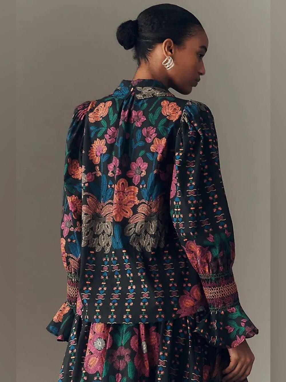 Hope for Flowers by Tracy Reese Floral Puff-Sleeve High Neck Blouse Size M - Picture 3 of 9